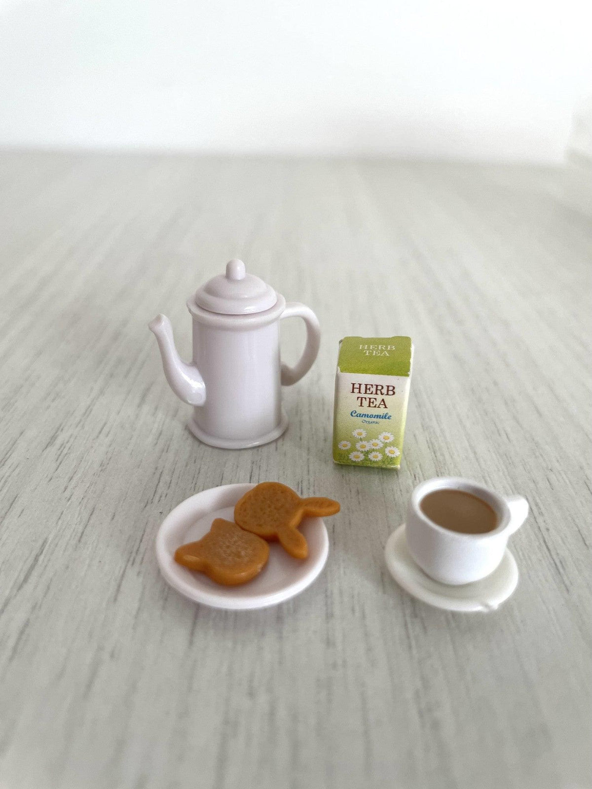 Angled view of the miniature tea and biscuits set — Calico Critters and Sylvanian Families