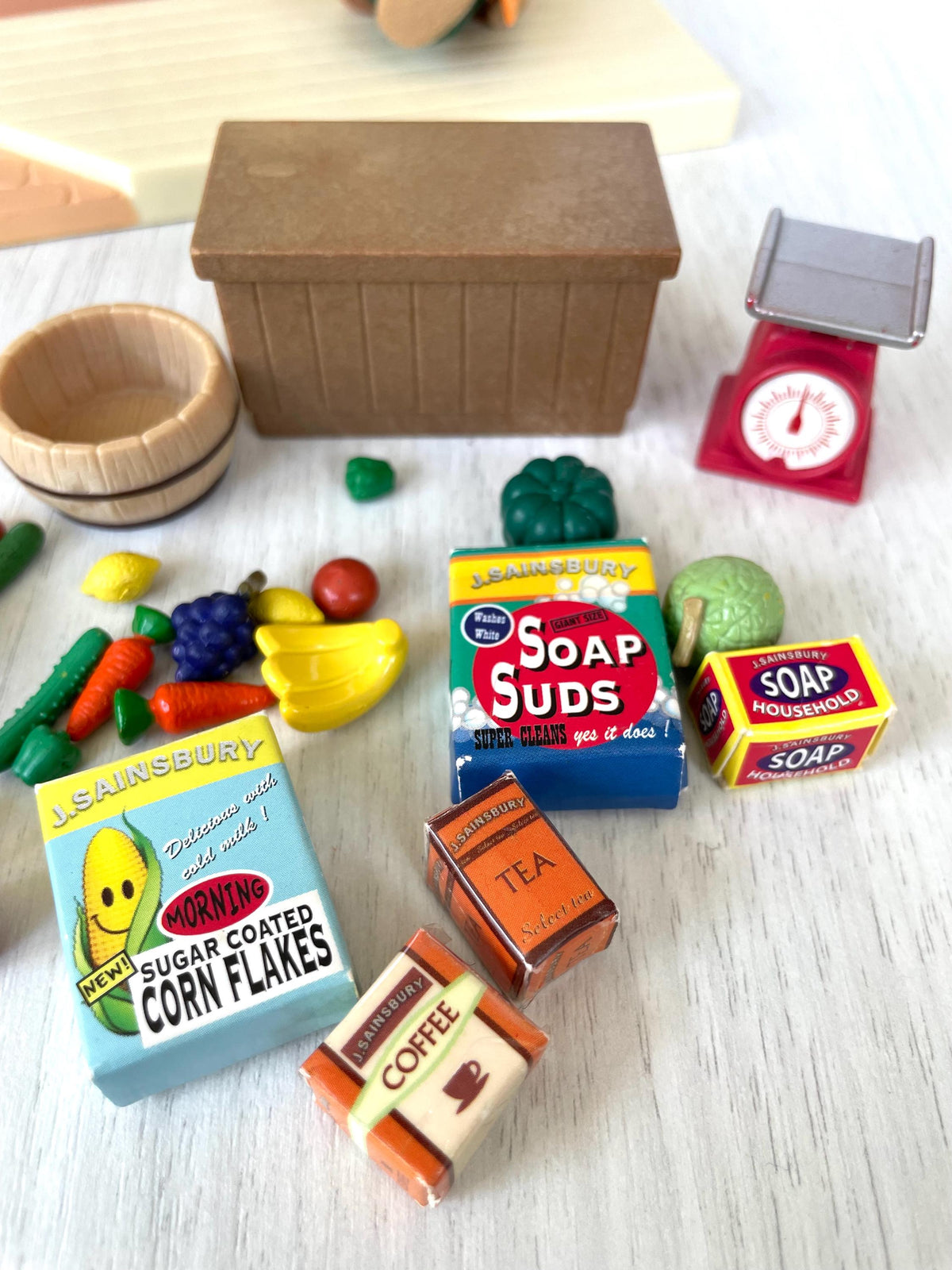 Branded J. Sainsbury corn flakes tea coffee and soap boxes with scales and barrel, Sylvanian Families Calico Critters