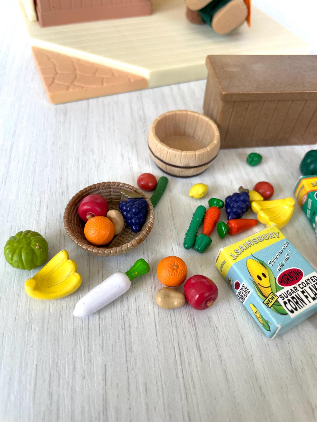 Miniature fruit and vegetable produce with wicker basket from the J. Sainsbury shop, Sylvanian Families Calico Critters
