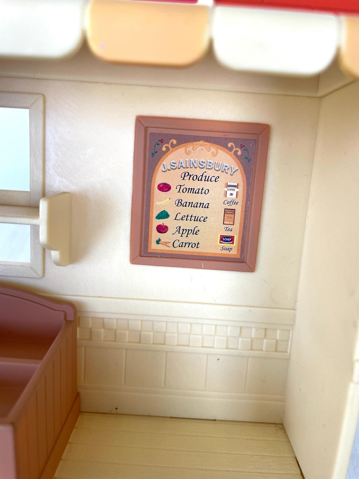 Interior of the J. Sainsbury Grocery Shop with framed produce price board, Sylvanian Families Calico Critters