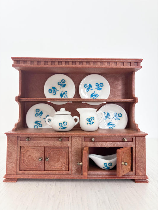 Sylvanian Families Vintage Welsh Dresser complete with ceramic dishes and original box, Calico Critters kitchen and living room hutch cabinet