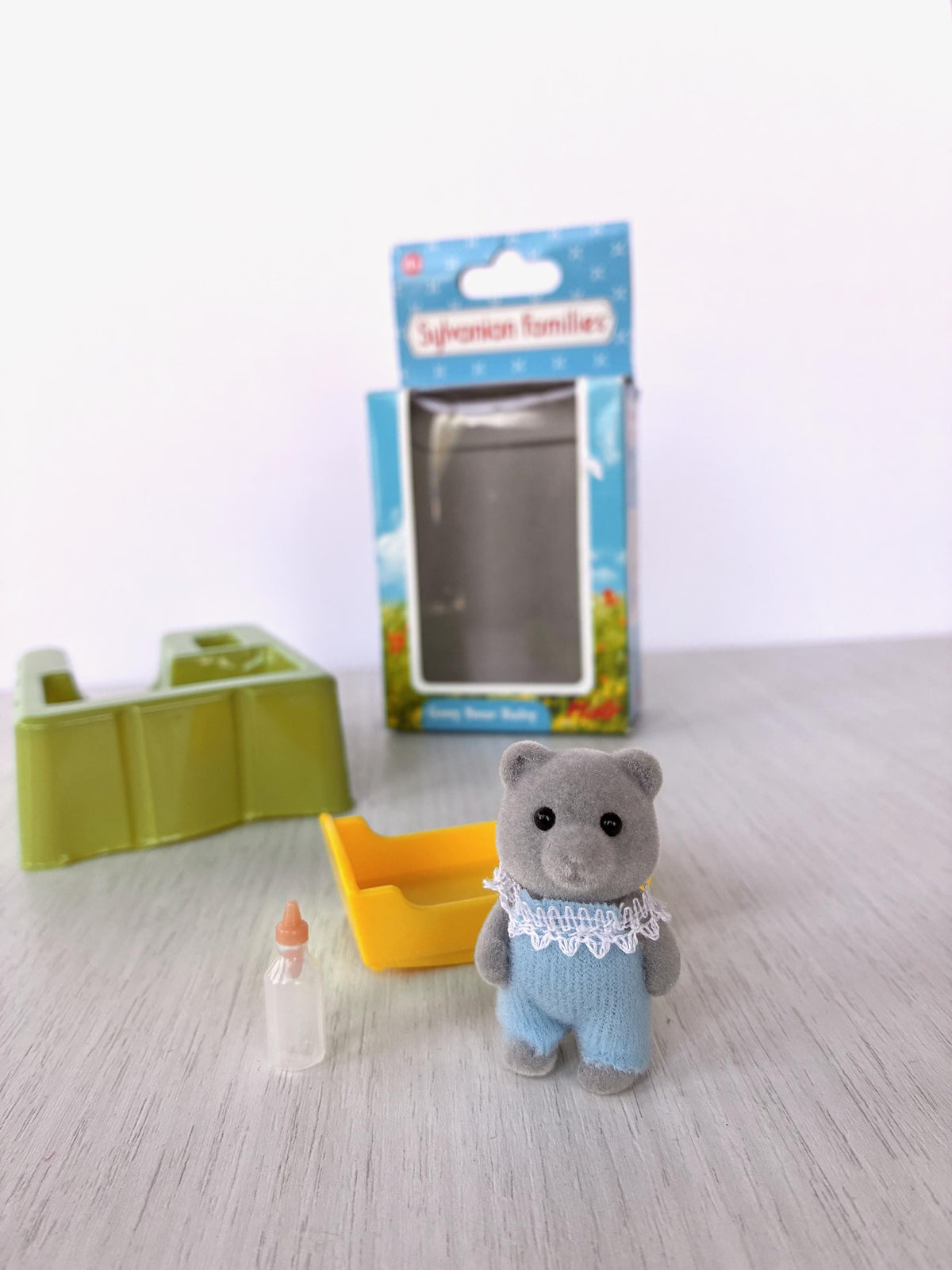 Vintage Sylvanian Families Grey Bear Baby figure blue romper boxed Calico Critters baby toy, photo 1