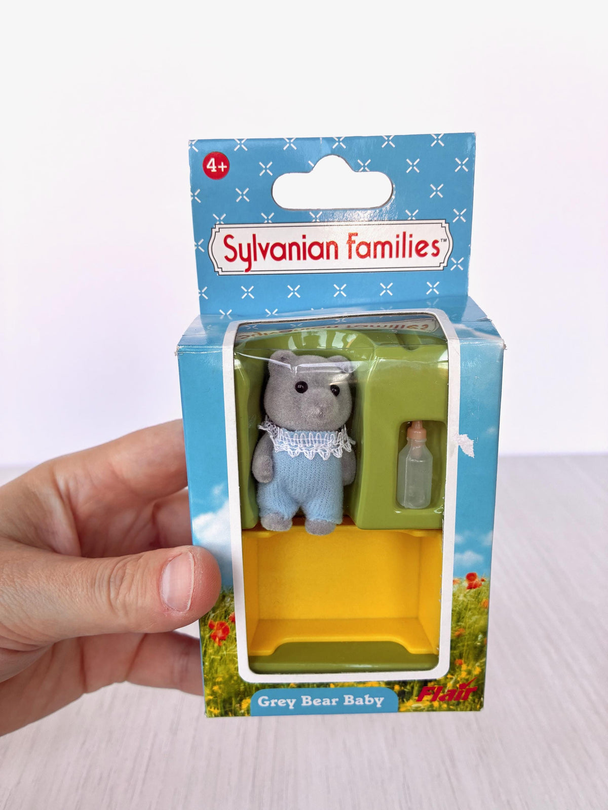Vintage Sylvanian Families Grey Bear Baby figure blue romper boxed Calico Critters baby toy, photo 7