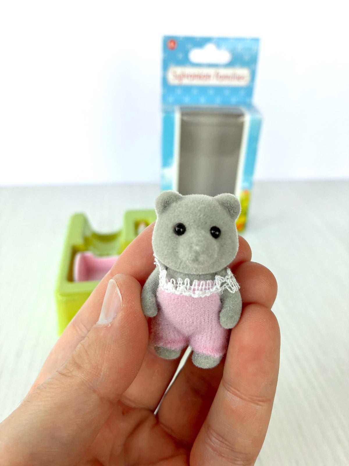 Vintage Sylvanian Families Grey Bear Baby figure pink romper boxed Calico Critters baby toy, photo 1