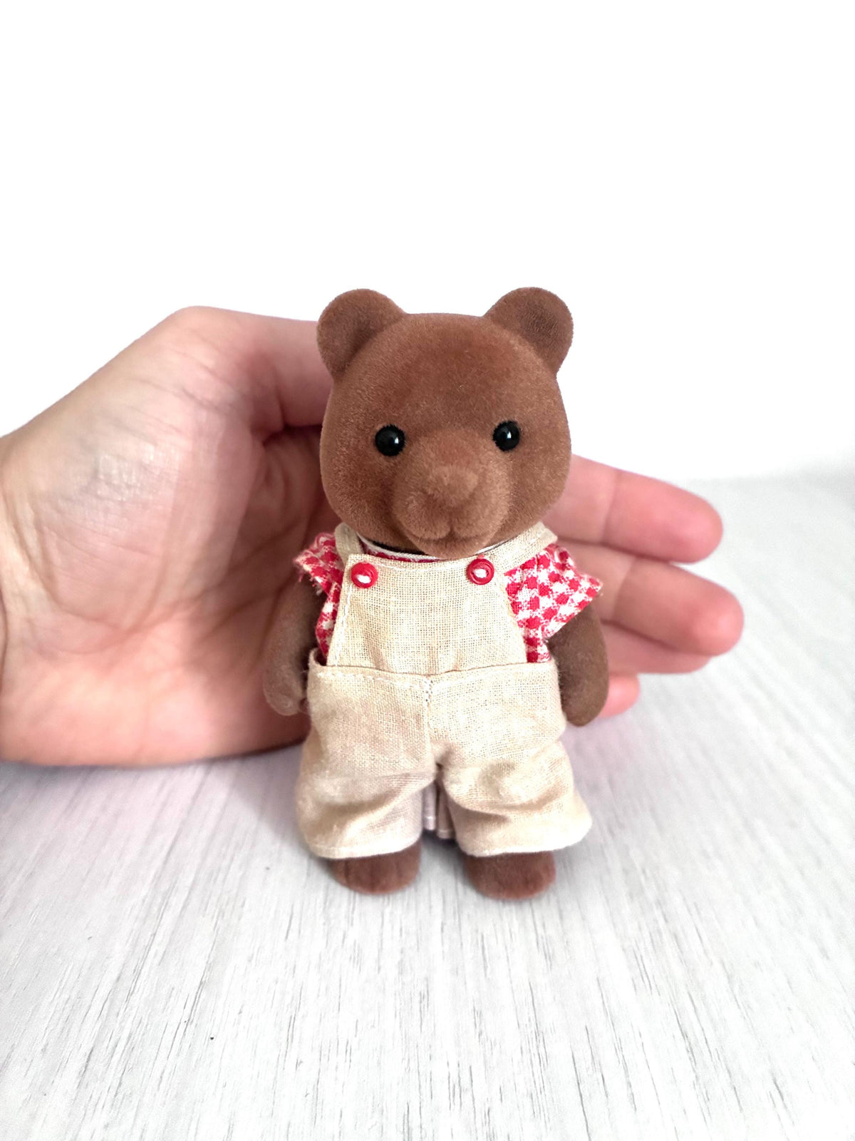 Vintage Sylvanian Families Timbertop Brown Bear Father, Calico Critters Dad Bear with Original Clothes and Made in Taiwan Foot Sticker