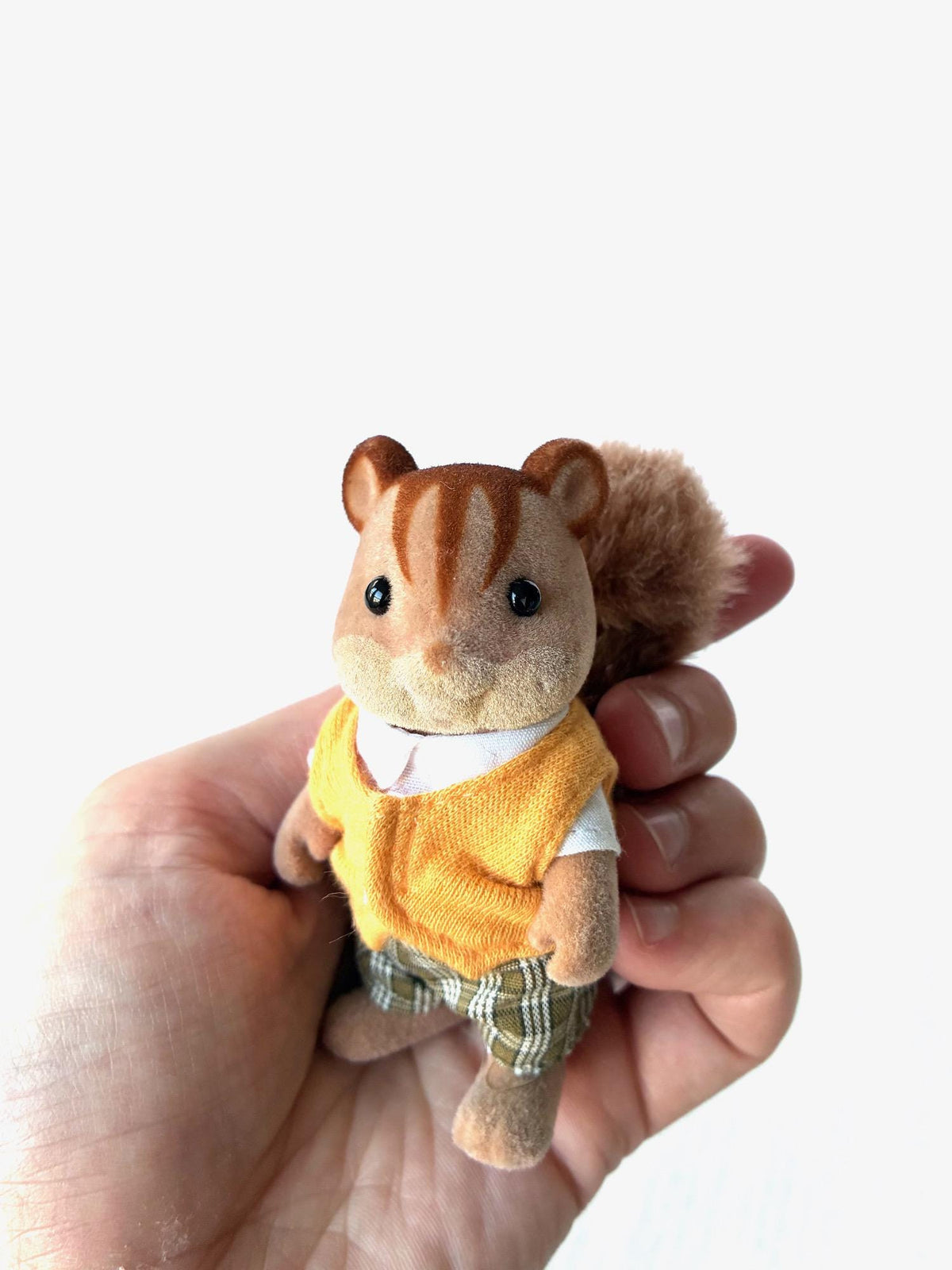 Sylvanian Families Walnut Squirrel boy, Calico Critters Hazelnut Chipmunk brother, in yellow vest and green plaid shorts – photo 1 of 7