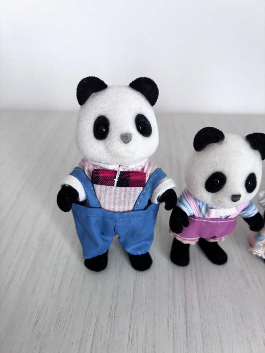 Calico Critters Sylvanian Families vintage Bamboo Panda family of 4, father in blue overalls beside son in blue striped shirt