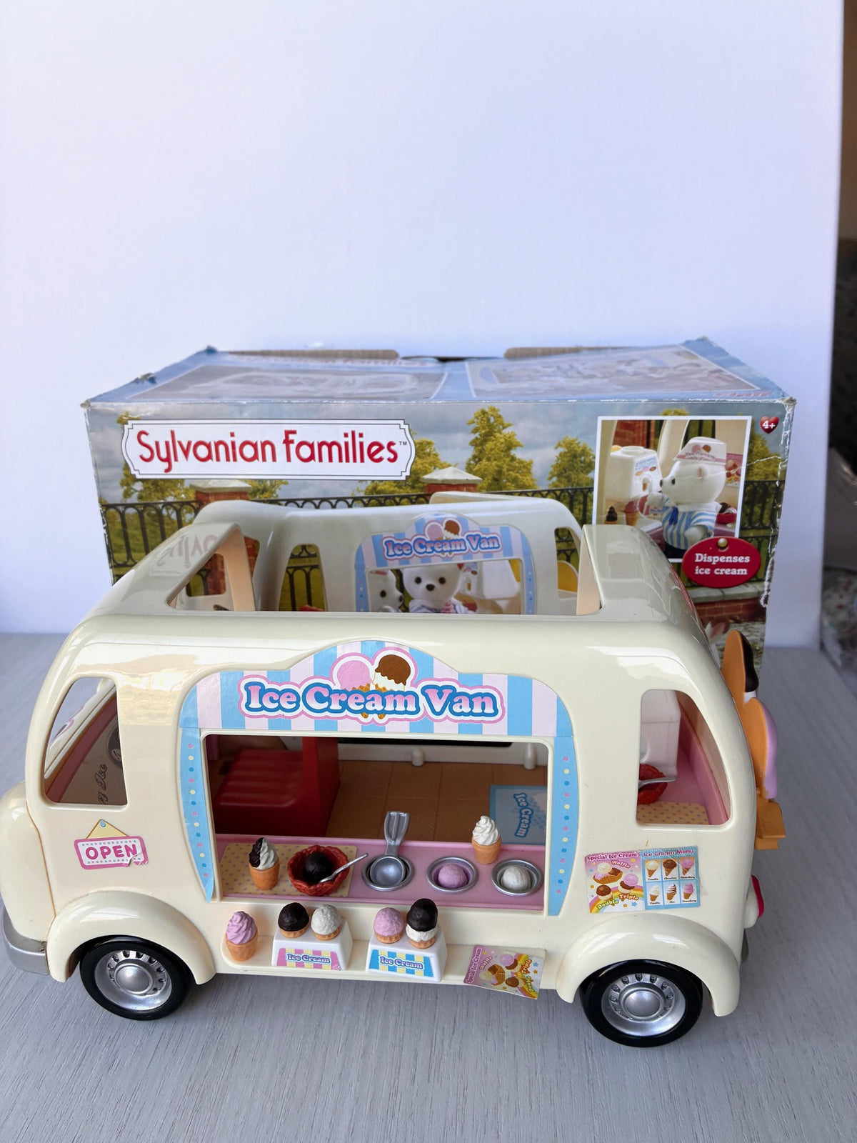 Sylvanian Families Calico Critters Ice Cream Van (Flair 4791) van standing in front of its original Flair box