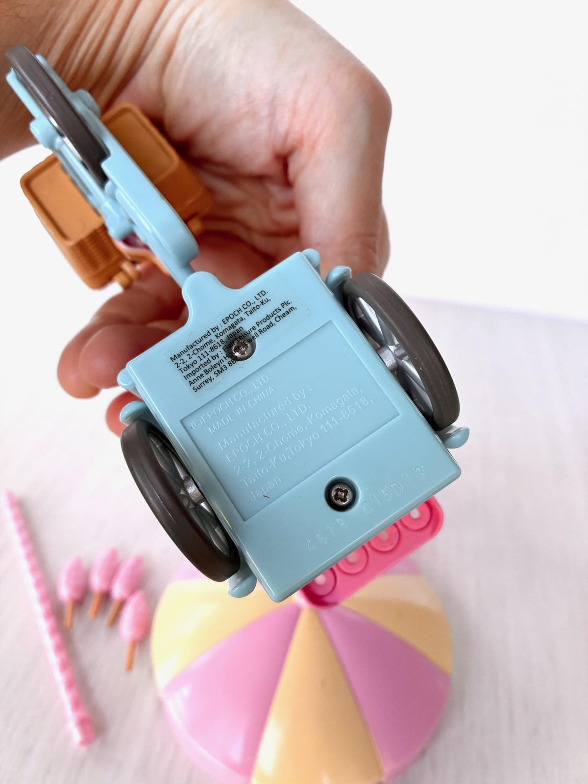 Sylvanian Families Calico Critters Dolly's Candy Floss (Flair 4678) underside of the tricycle cart showing the Epoch and Flair Leisure Products stamp