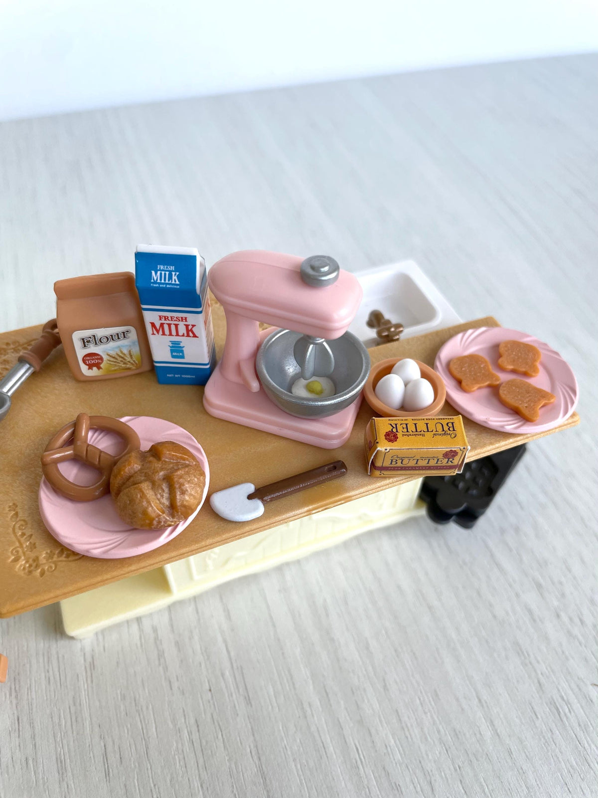 Prep island from above with stand mixer, sink, eggs, butter, croissants and toast — Calico Critters and Sylvanian Families