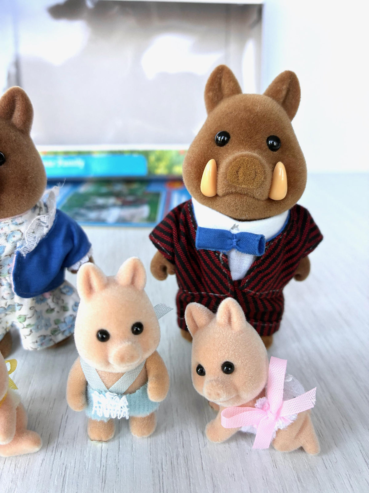 Sylvanian Families Calico Critters Wild Boar Family (Flair, boxed): Dad with his tusks and two babies, box behind