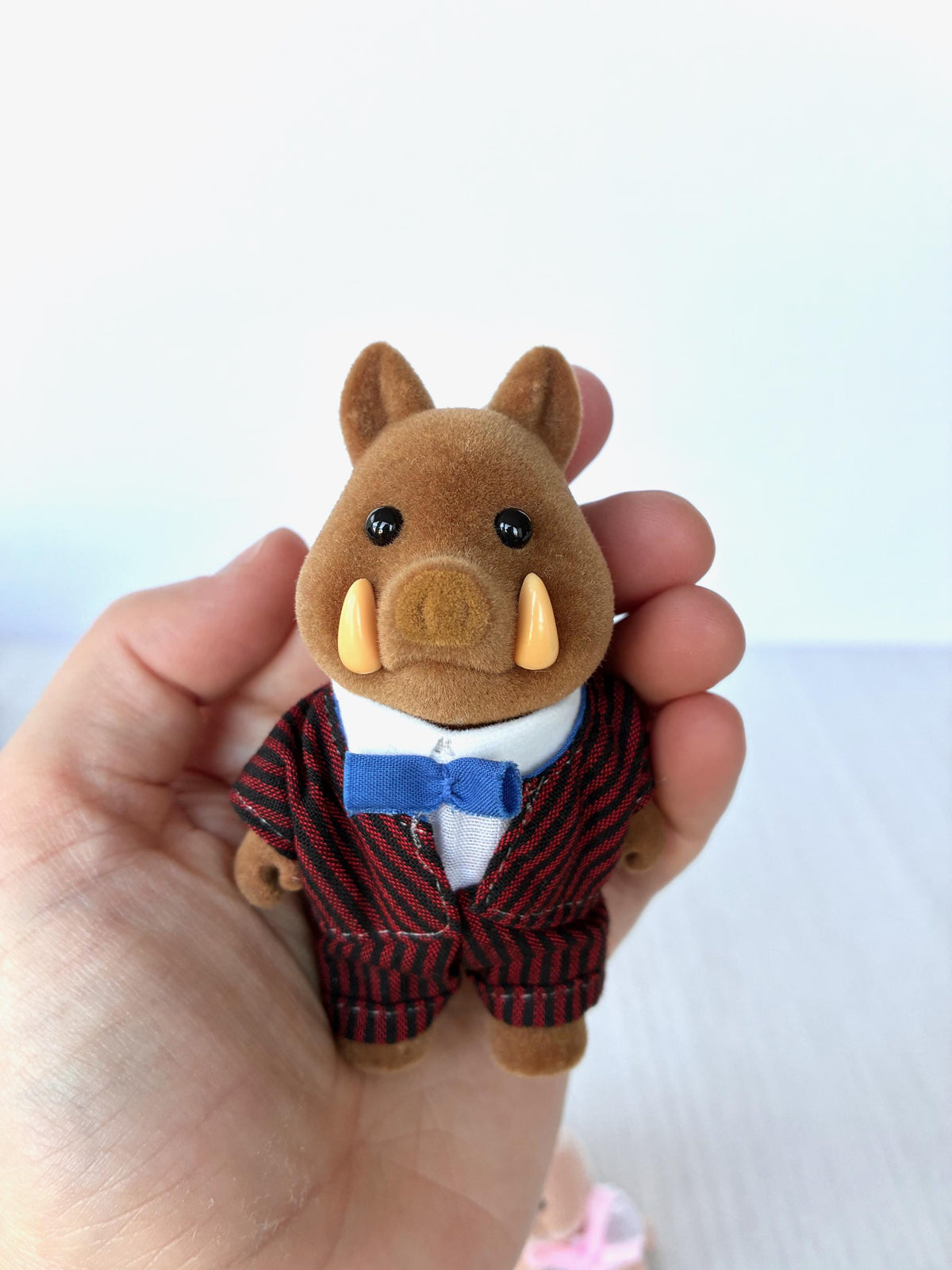 Sylvanian Families Calico Critters Wild Boar Family (Flair, boxed): Dad boar in hand with both tusks, burgundy pinstripe suit and blue bow tie