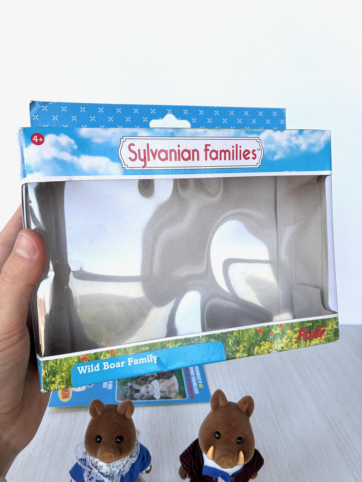 Sylvanian Families Calico Critters Wild Boar Family (Flair, boxed): original Flair box front with clear window, Wild Boar Family label and creasing