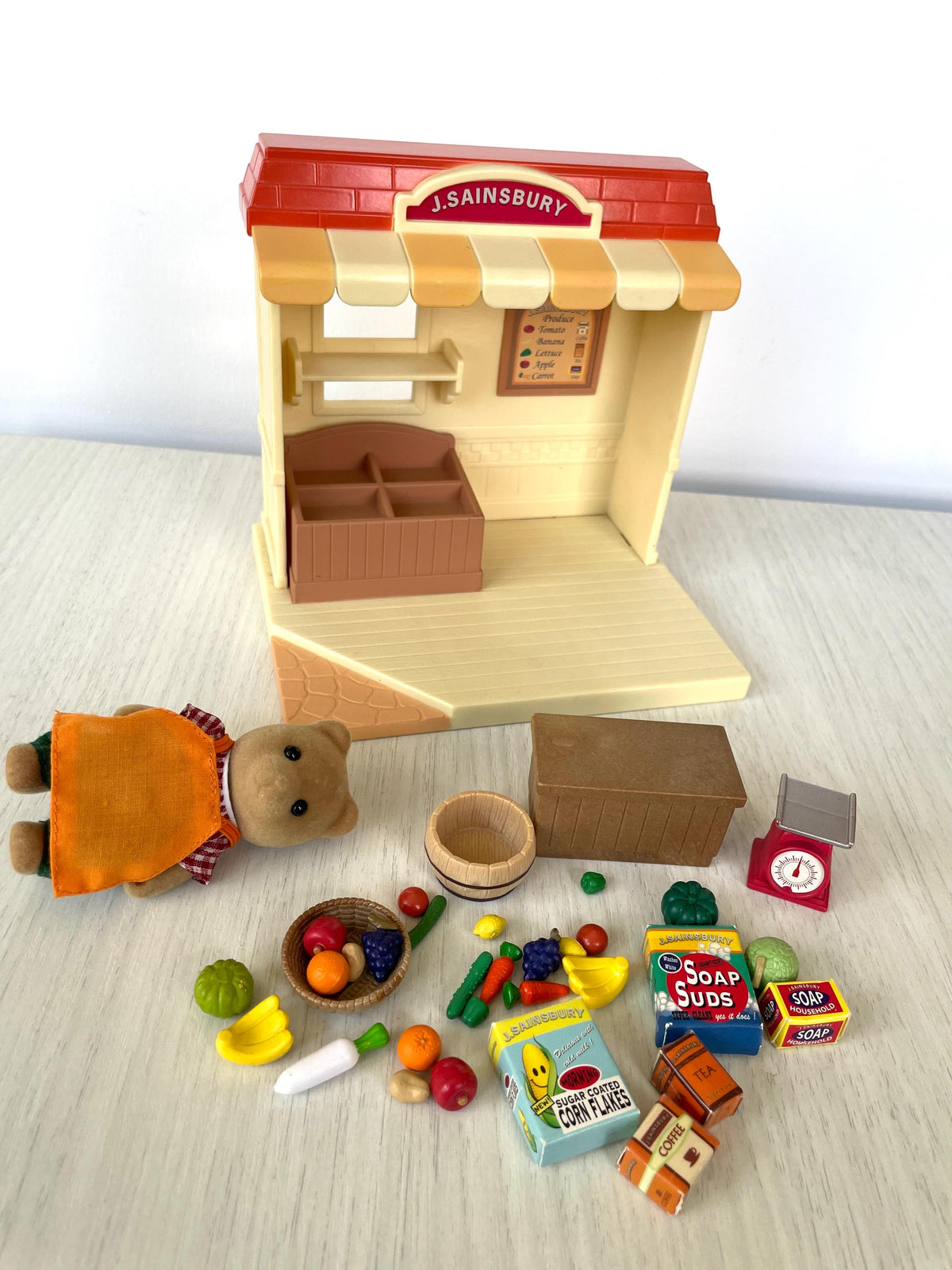Full J. Sainsbury Grocery Shop set laid out complete, Sylvanian Families Calico Critters UK exclusive