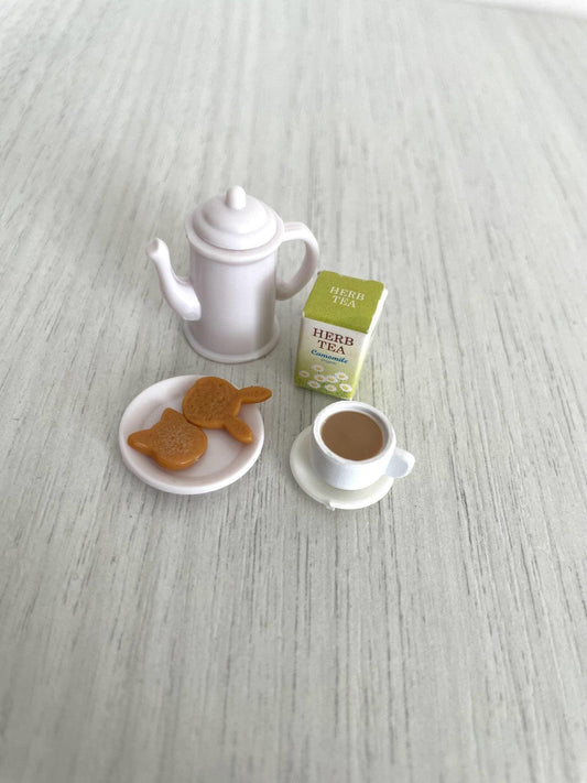 Tea set with coffee pot, cup of tea, rabbit biscuits and herb tea box — Calico Critters and Sylvanian Families