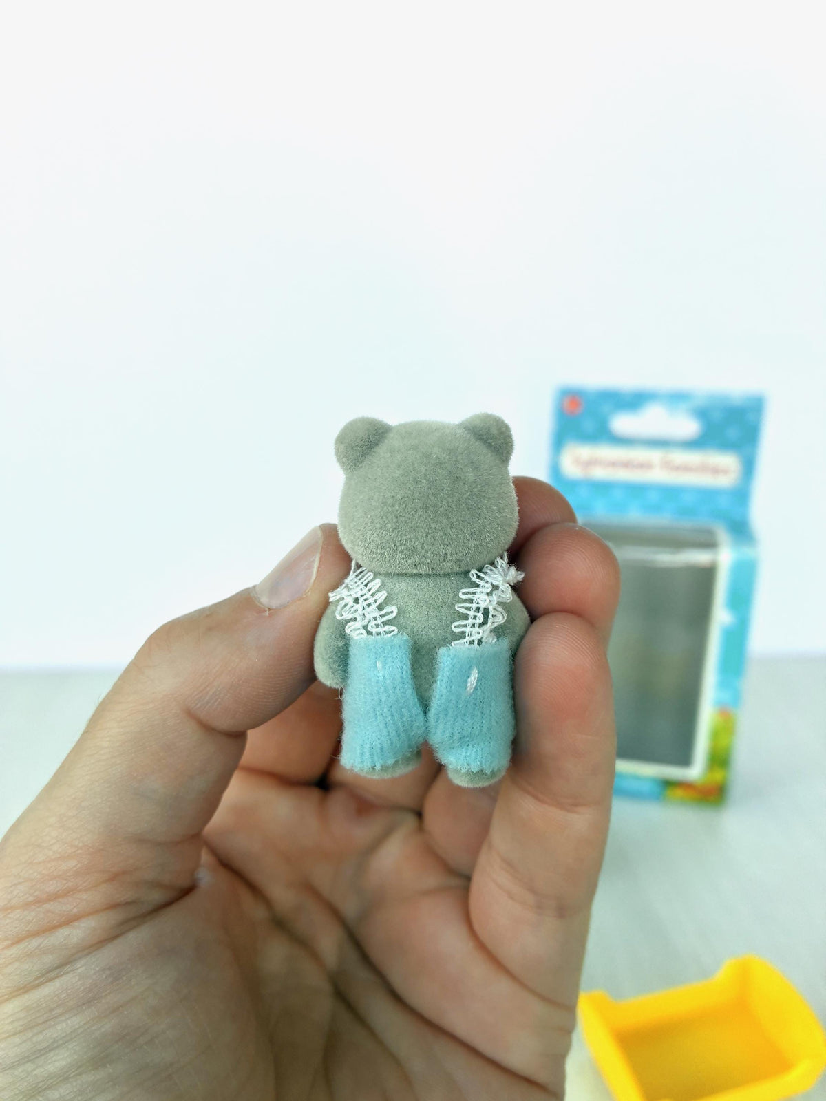 Vintage Sylvanian Families Grey Bear Baby figure blue romper boxed Calico Critters baby toy, photo 3