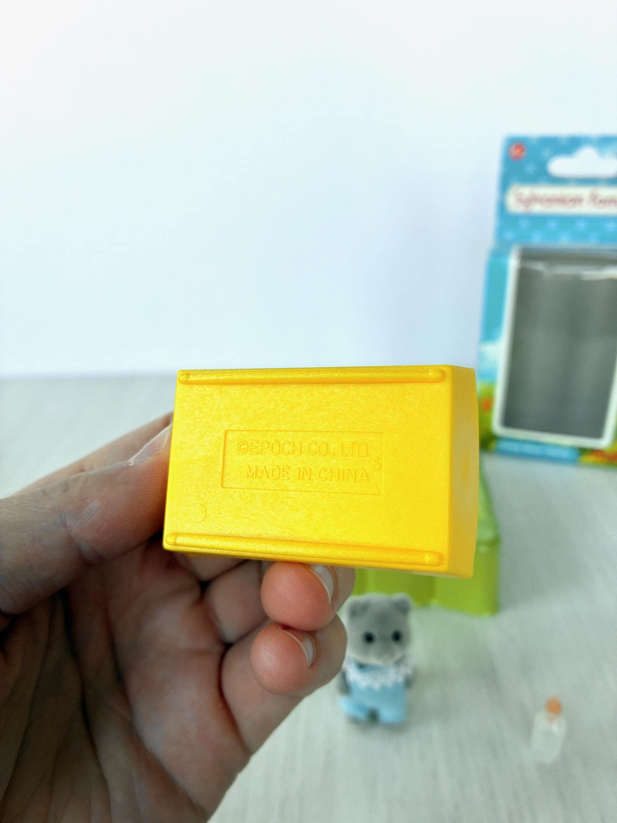 Vintage Sylvanian Families Grey Bear Baby figure blue romper boxed Calico Critters baby toy, photo 6