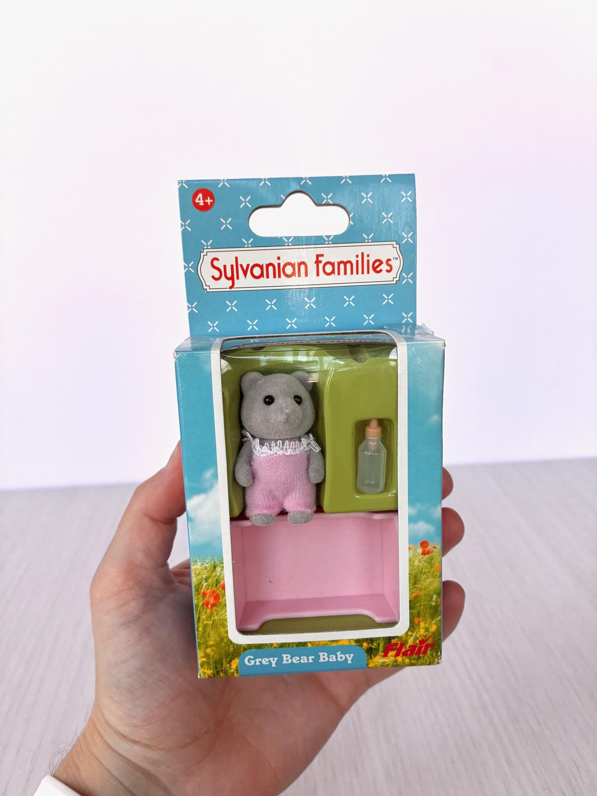 Vintage Sylvanian Families Grey Bear Baby figure pink romper boxed Calico Critters baby toy, photo 7