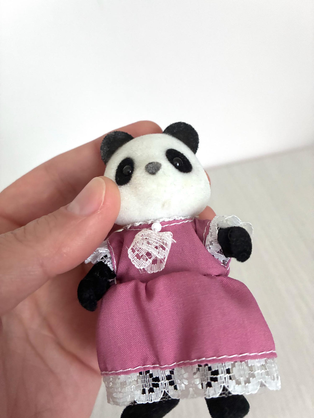 Calico Critters Sylvanian Families vintage Bamboo Panda family of 4, close up of mother figure in lilac dress with lace trim