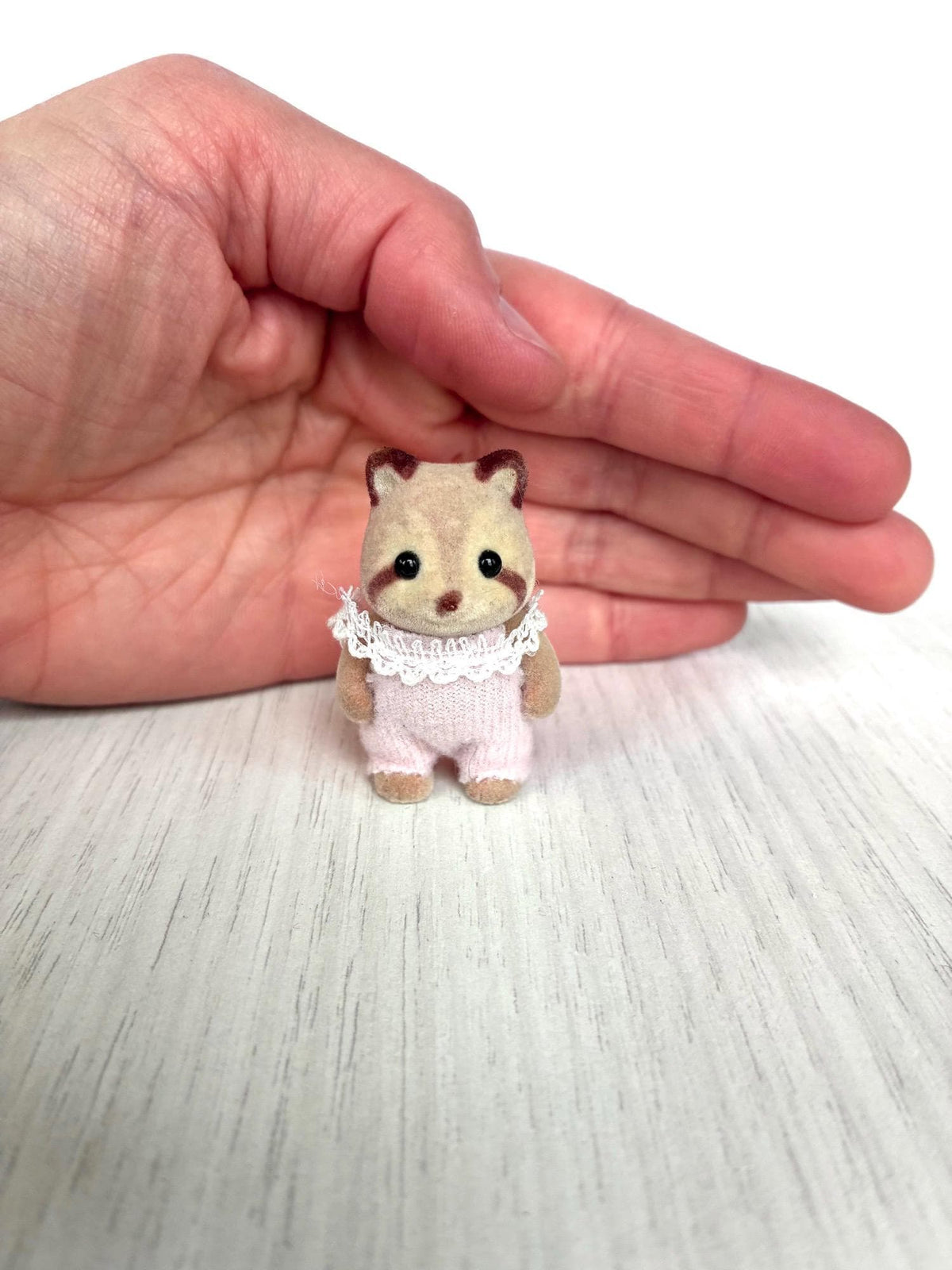 Vintage Sylvanian Families Calico Critters Mulberry Raccoon baby in pink romper