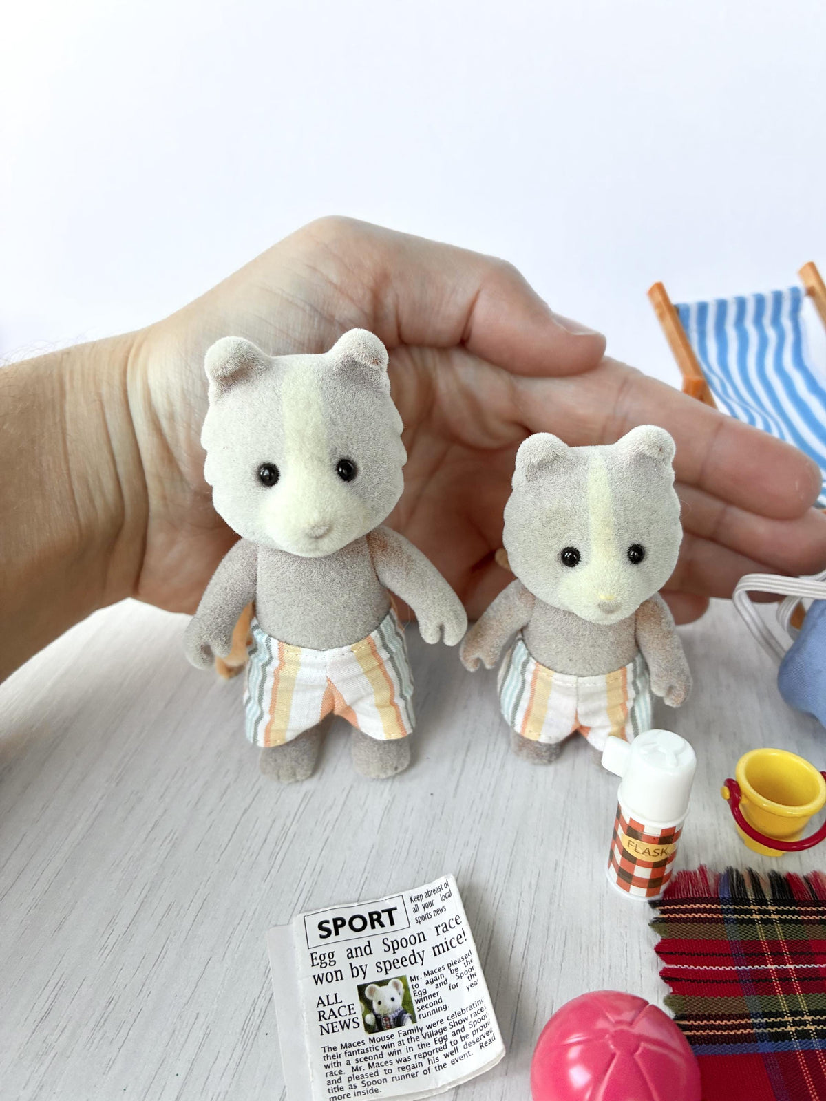 Sylvanian Families Calico Critters Day at the Seaside Set (Flair 4870): Harley and Vespa Farthing dog figures held in hand, front view showing clean flocking and striped swim shorts
