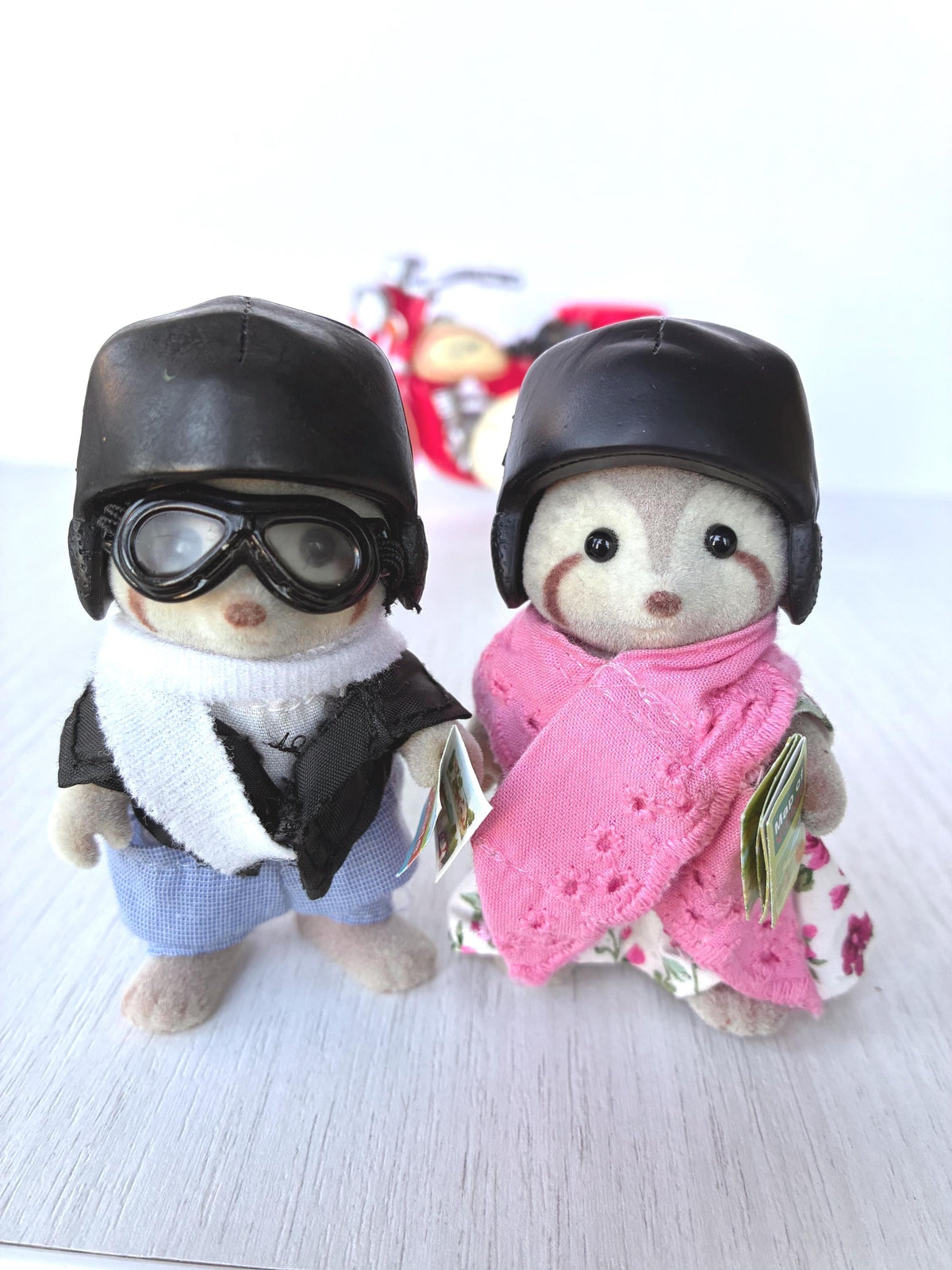Calico Critters Sylvanian Families George and Mildred Mulberry Raccoon Grandparents close-up in helmets and goggles holding the village guide and map