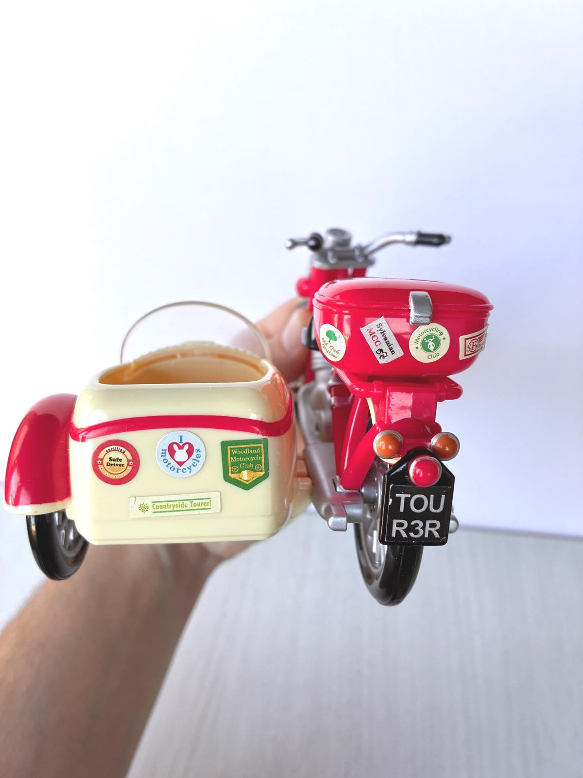 Calico Critters Sylvanian Families Motorcycle and Sidecar rear view with Safe Driver, Woodland Motorcycle Club and Countryside Tourer stickers and red top box
